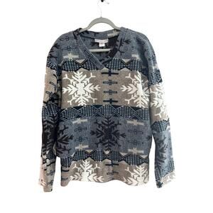 Vintage American Spirit Fleece V Neck Pullover Gray Tan Snowflakes-Size XL